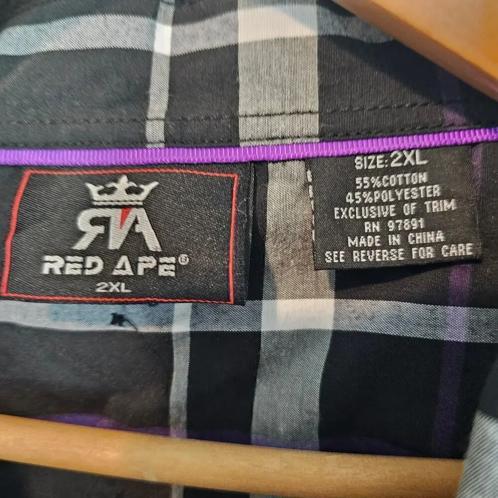 Red Ape Premium Button Down Shirt Mens 2XL Black Purple Plaid Long Sleeve